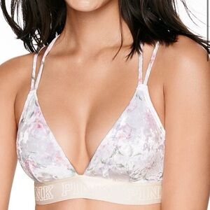 PINK by Victoria’s Secret Velour Floral Racerback Bra XS White Pink